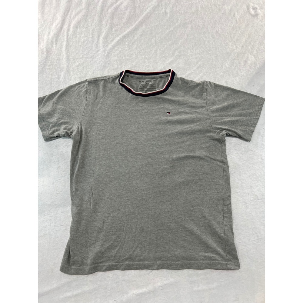 Tommy Hilfiger Boys XL Gray T-Shirt Striped Collar Flag Logo Short Sleeve Tee - Picture 1 of 4